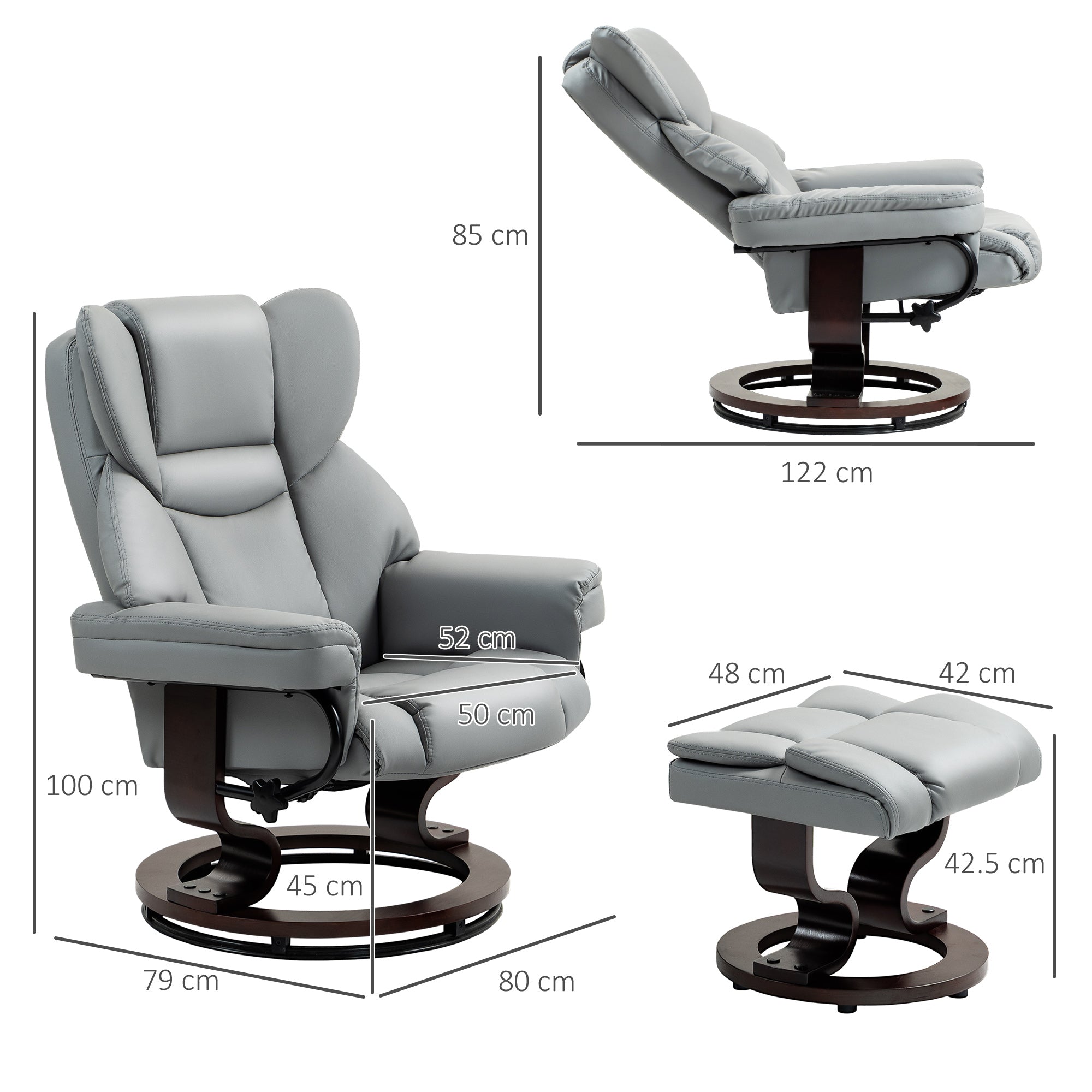 HOMCOM 360° Swivel Recliner Chair with Footstool, PU Leather Manual Recliner Armchair with Solid Wood Base, Upholstered Reclining Chair for Living Room, Bedroom, Office, Light Grey